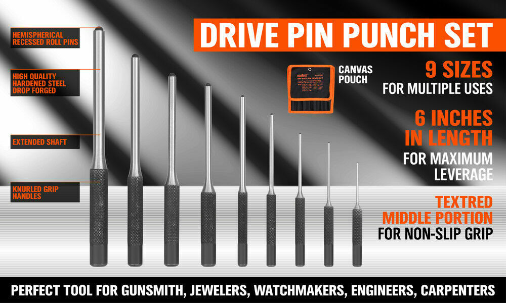 Durable 9-Piece Roll Pin Punch Set for Gunsmiths, Jewelers, and Carpenters - Includes Various Sized Punches and Canvas Pouch