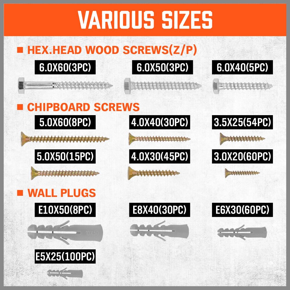 HORUSDY Screw Assortment Set - 421 Pieces including Hex Wood Screws, Chipboard Screws, Wall Plugs for Robust Fixing in Drywall and Wood Surfaces
