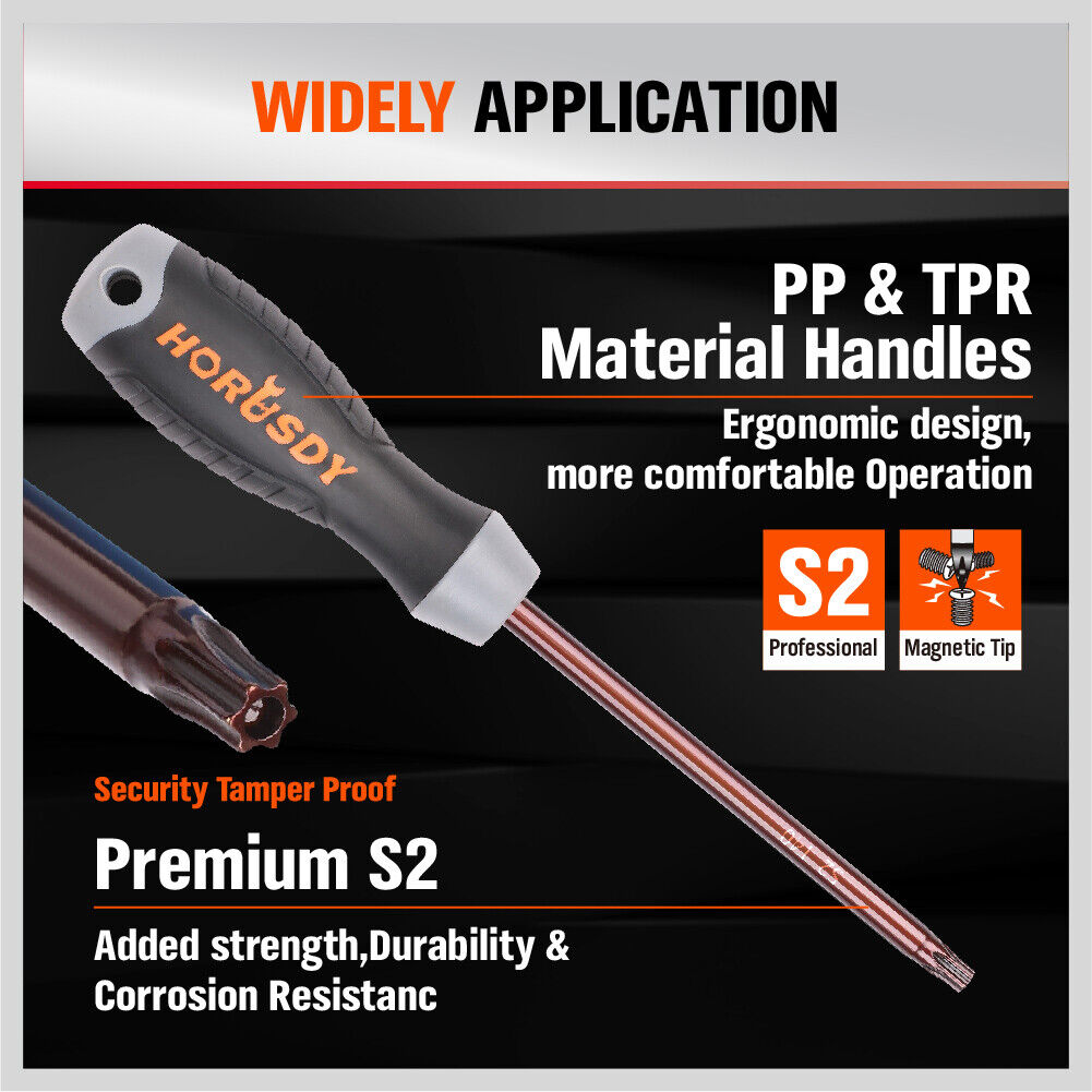 Premium Magnetic Torx Screwdriver Set - Tamper Proof Star Key, S2 Steel, comfortable grip, organized storage in cloth bag.