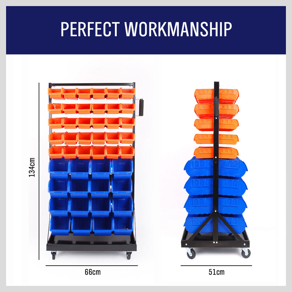 Mobile garage storage bin rack with 92 detachable bins and swivel wheels for organized tool and part organization.
