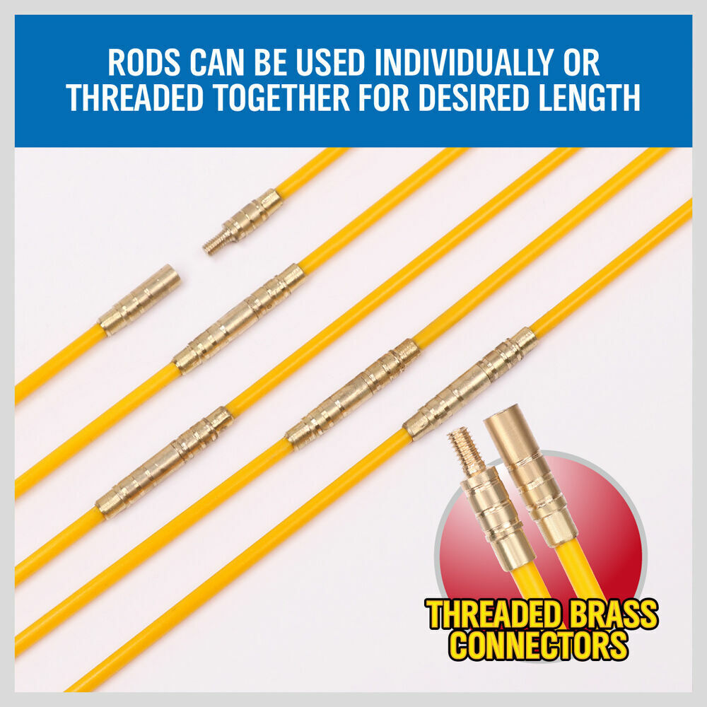 10.5m Long, 4mm Diameter Fiberglass Push Pull Rods for Wire Cable Installation by Electricians and Contractors
