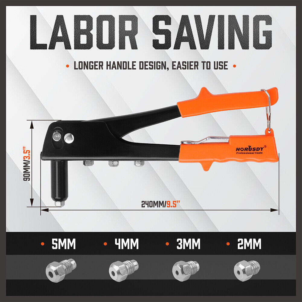 HORUSDY Heavy Duty 4-in-1 Pop Rivet Gun Set, Manual Riveter with Interchangeable Nozzles (5mm, 4mm, 3mm, 2mm) and Ergonomic Design for Easy Riveting