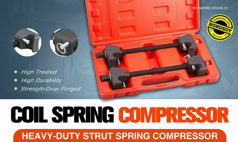 Heavy-duty coil spring compressor set for car and truck shock absorber replacement with storage case.