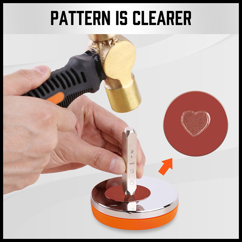 Round 3-inch steel bench block with mirror polish and soft base for jewelry stamping, including two punches.