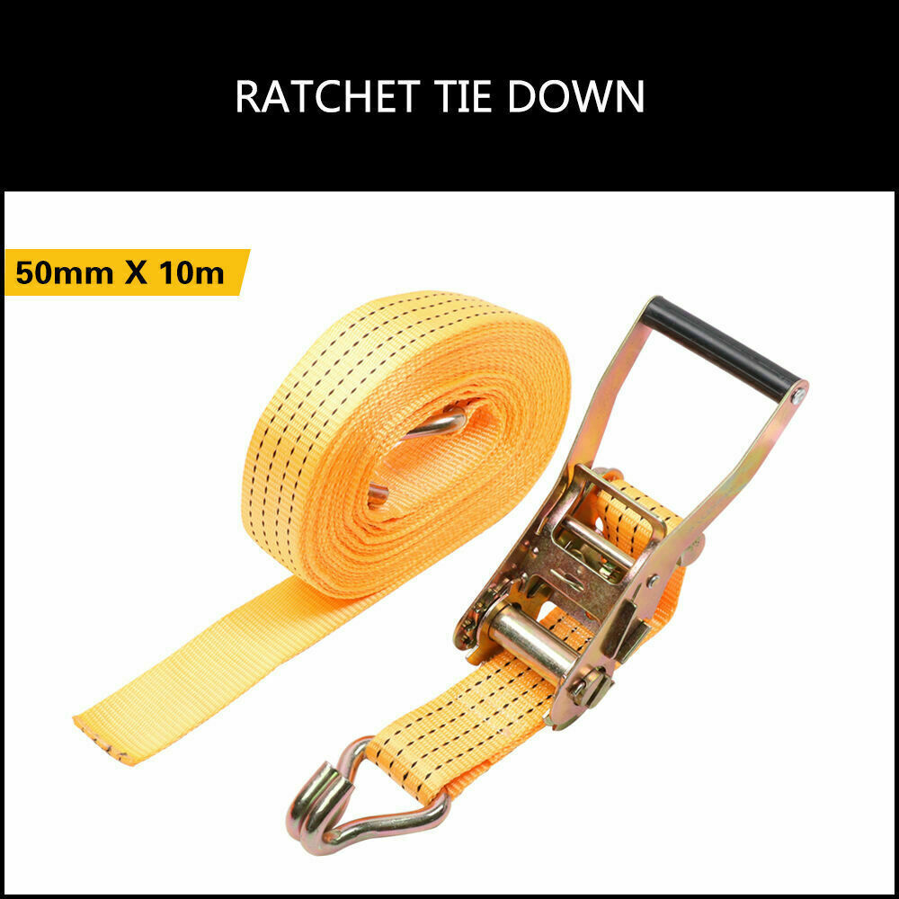 Durable 50mm wide and 10-meter long ratchet tie down strap, capable of handling a load of up to 2000KG. Perfect for securing cargo on trucks, trailers, and boats. Features weather-resistant woven polyester construction with a user-friendly ratchet mechanism for enhanced tension and effortless securing