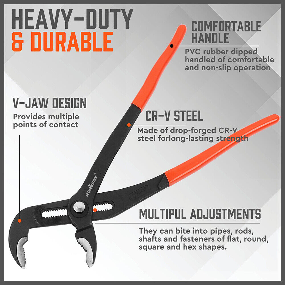 HORUSDY 3-Piece Water Pump Pliers Set with Slip Groove Joints, featuring 7", 10", and 16" Sizes, High-Polish Heads, Dipped Handles, and Storage Bag