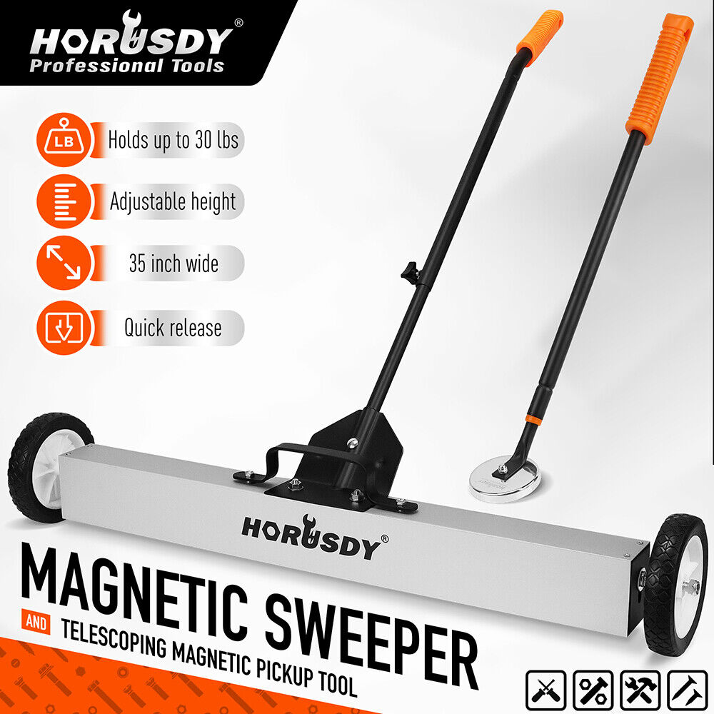 HORUSDY 35-Inch Magnetic Floor Sweeper Heavy Duty Magnet Broom Rolling With Magnetic Pick Up