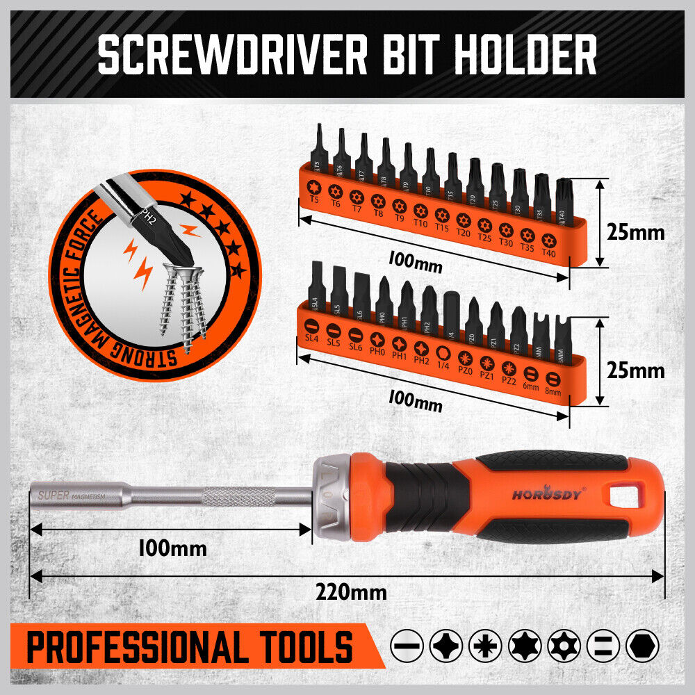 HORUSDY 25-Piece Screwdriver Set Featuring Magnetic Ratchet Bit Driver, Slotted, Philips, Torx, Spade, and Hex Bits for Diverse Household and Office Use