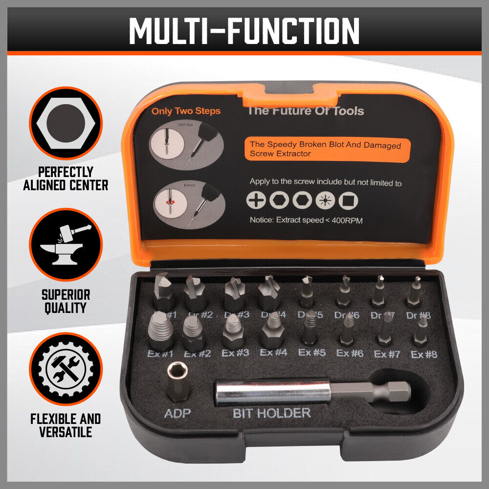 HORUSDY 18-Piece Magnetic Damaged Screw Extractor Set with Various Sized Drill Bits and Bit Holders, High Hardness CR-V Steel for Efficient Bolt Removal