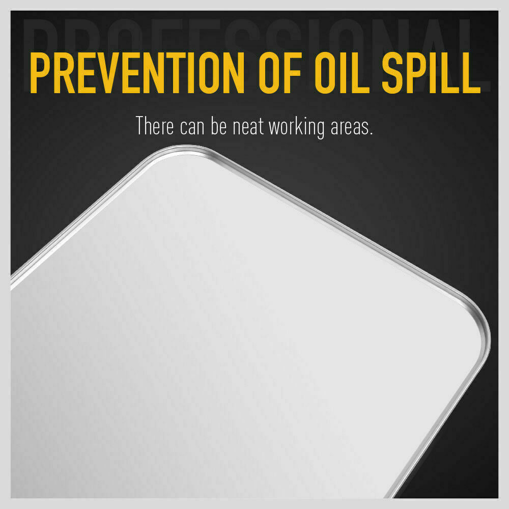 Sturdy galvanized steel oil drip tray under a stored car.