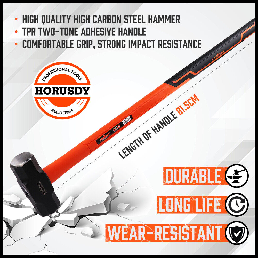 Heavy-Duty 10LB Steel Hammer with Fiberglass Rubber Handle and Double Octagonal Head for Construction