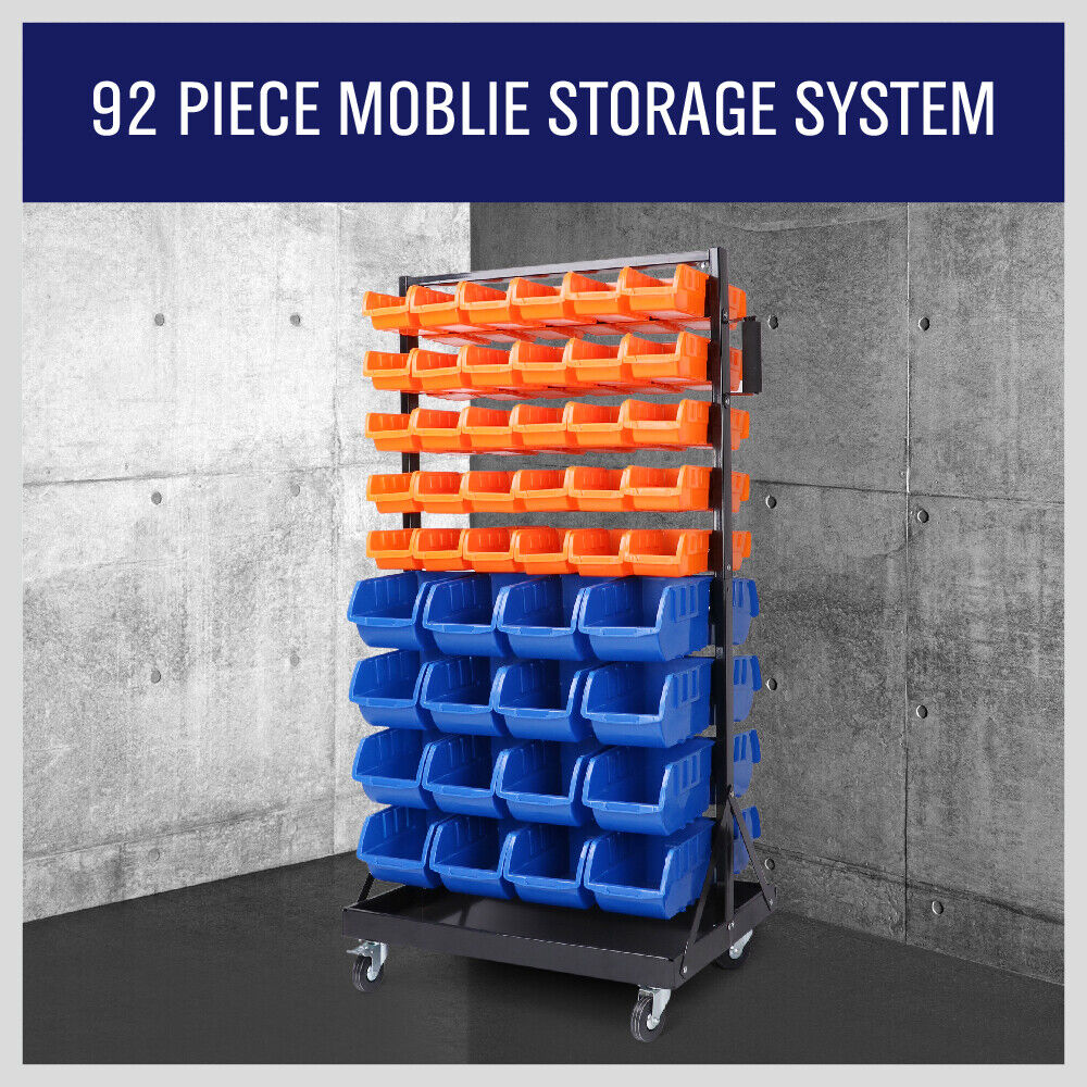 Mobile garage storage bin rack with 92 detachable bins and swivel wheels for organized tool and part organization.