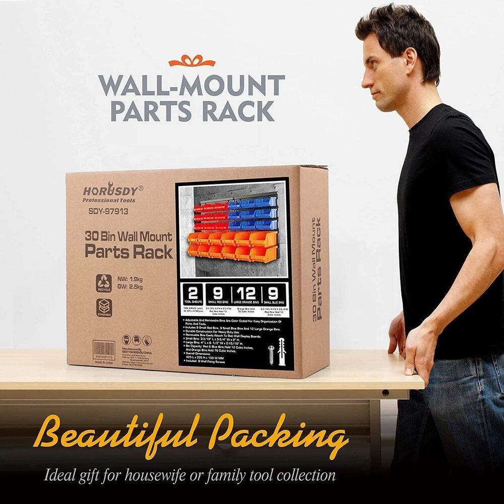 Comprehensive 90 Bin Wall Mounted Tool Organizer in Red, Blue, and Black - Perfect for Storing Nails, Screws, and Small Items