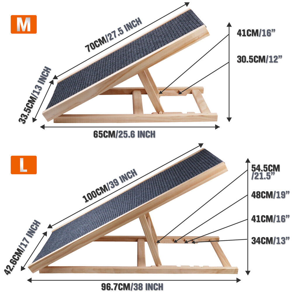 Adjustable foldable dog pet ramp with non-slip surface and practical wood construction for easy access and safety.