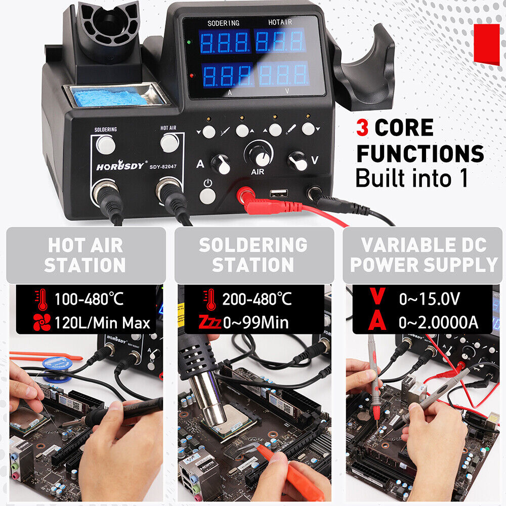 Comprehensive 3-in-1 Soldering and Rework Station with Digital Control, Various Accessories Included