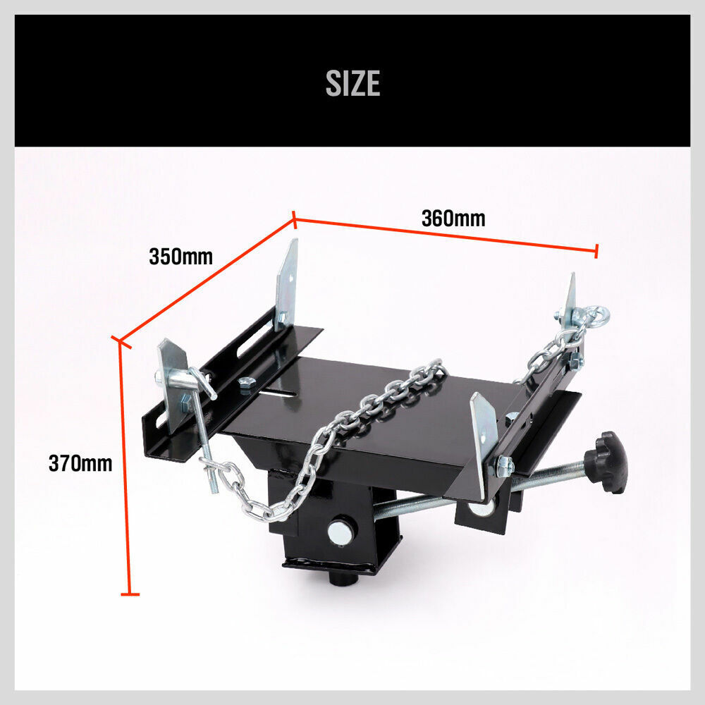 Sturdy 500KG Transmission Jack Adapter in black, featuring an adjustable saddle, corner brackets for universal fit, safety chains, and an automatic release valve. Constructed from heavy-duty steel for maximum durability