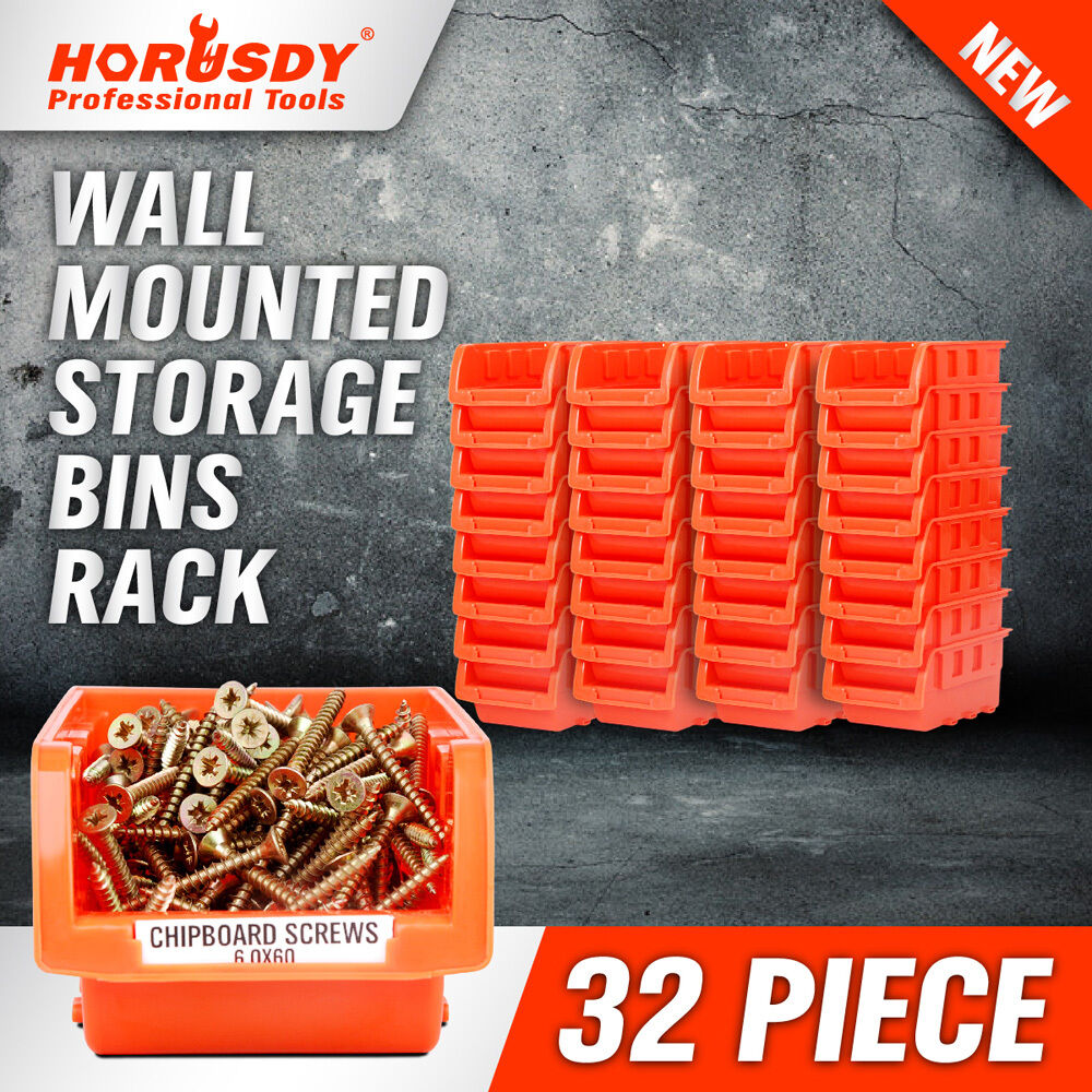 Robust Wall Mounted Bins Rack featuring 8 orange stackable plastic storage trays and 3 plastic racking, ideal for organizing small parts, tools, fishing tackle, and craft supplies. Designed to mount easily on pegboard, slot wall, or wooden studs, offering a versatile and space-saving solution for any workshop, garage, or hobby room