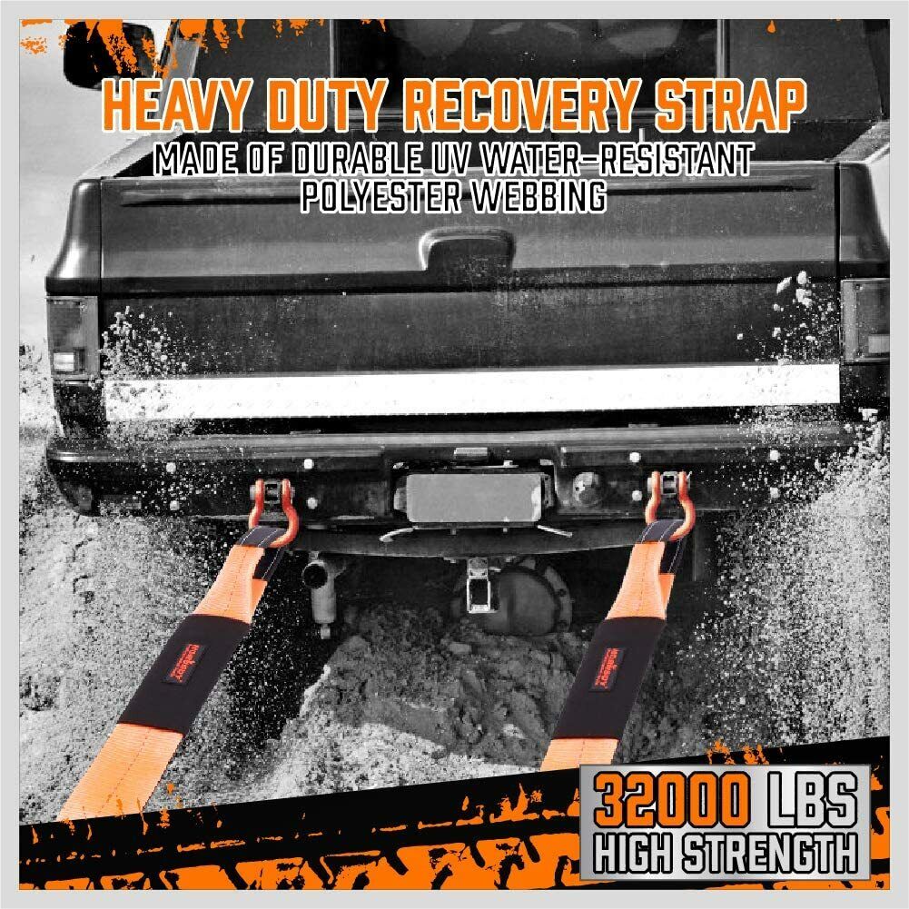 Heavy Duty 9.1M Recovery Tow Straps Snatch Kit - 32,000 LBS Break Strength - D-Ring Shackles Included - Reliable Recovery Solution