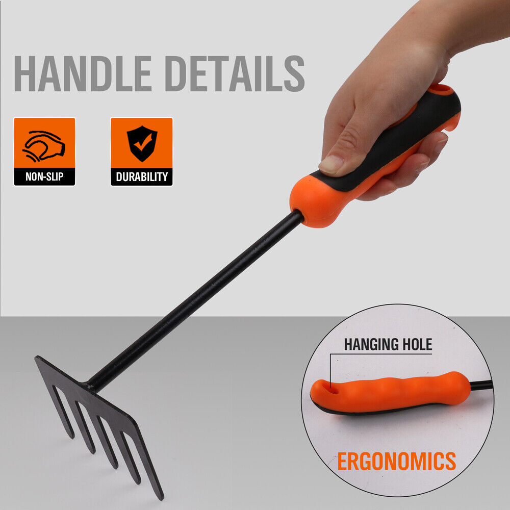 Durable 5-prong hand garden rake, featuring a unique design for effective weeding and soil loosening, made from carbon steel with a non-slip rubber handle. Length: 13.2 inches.