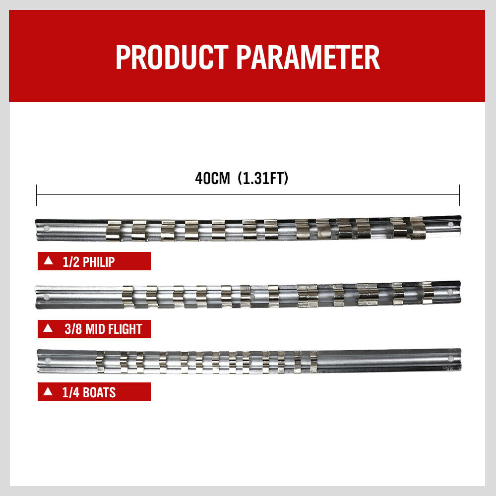 Durable 3-piece universal socket holder rail set for 1/4", 3/8", and 1/2" drive sockets.