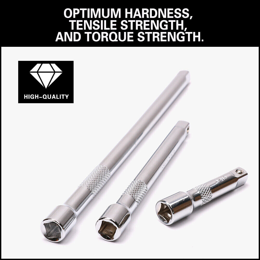 Durable 3-Piece Extension Bar Set with spring-loaded ball detent, knurled grip, and SmartKrome plating for 3/8" drive.