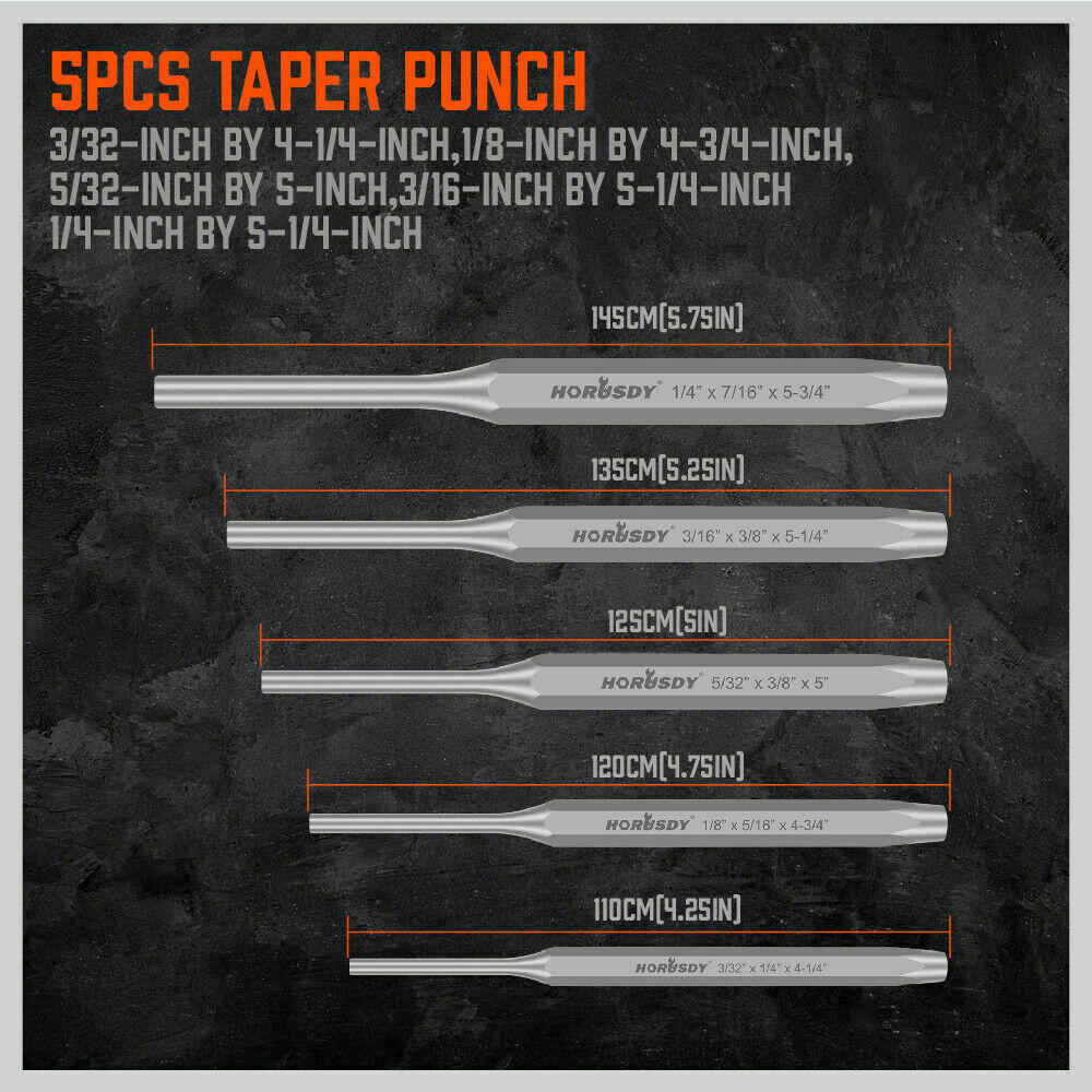 16-piece punch and chisel set including pin punches, tapered punches, cold chisels, center punches, and a gauge, all neatly rolled in a pouch