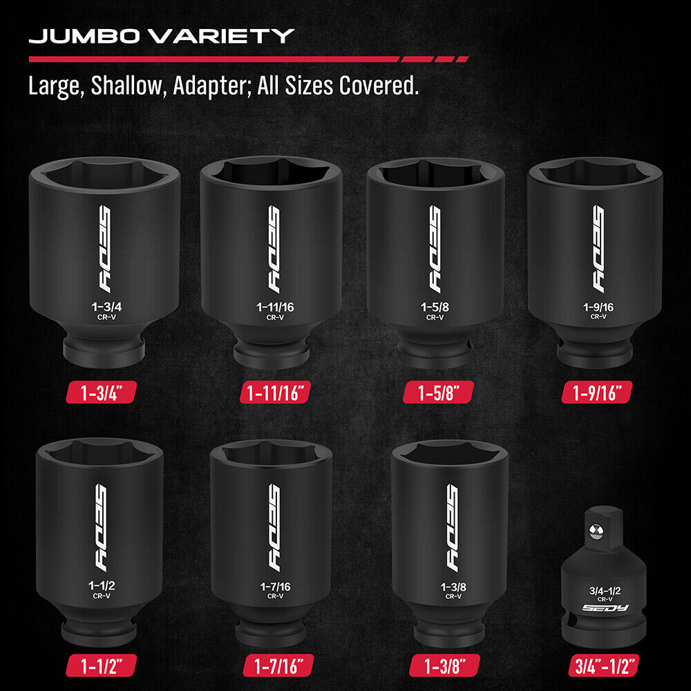 SEDY 8Pcs Deep Impact Socket Set with SAE Measurements and Adapter for Axle Nut Wrenches