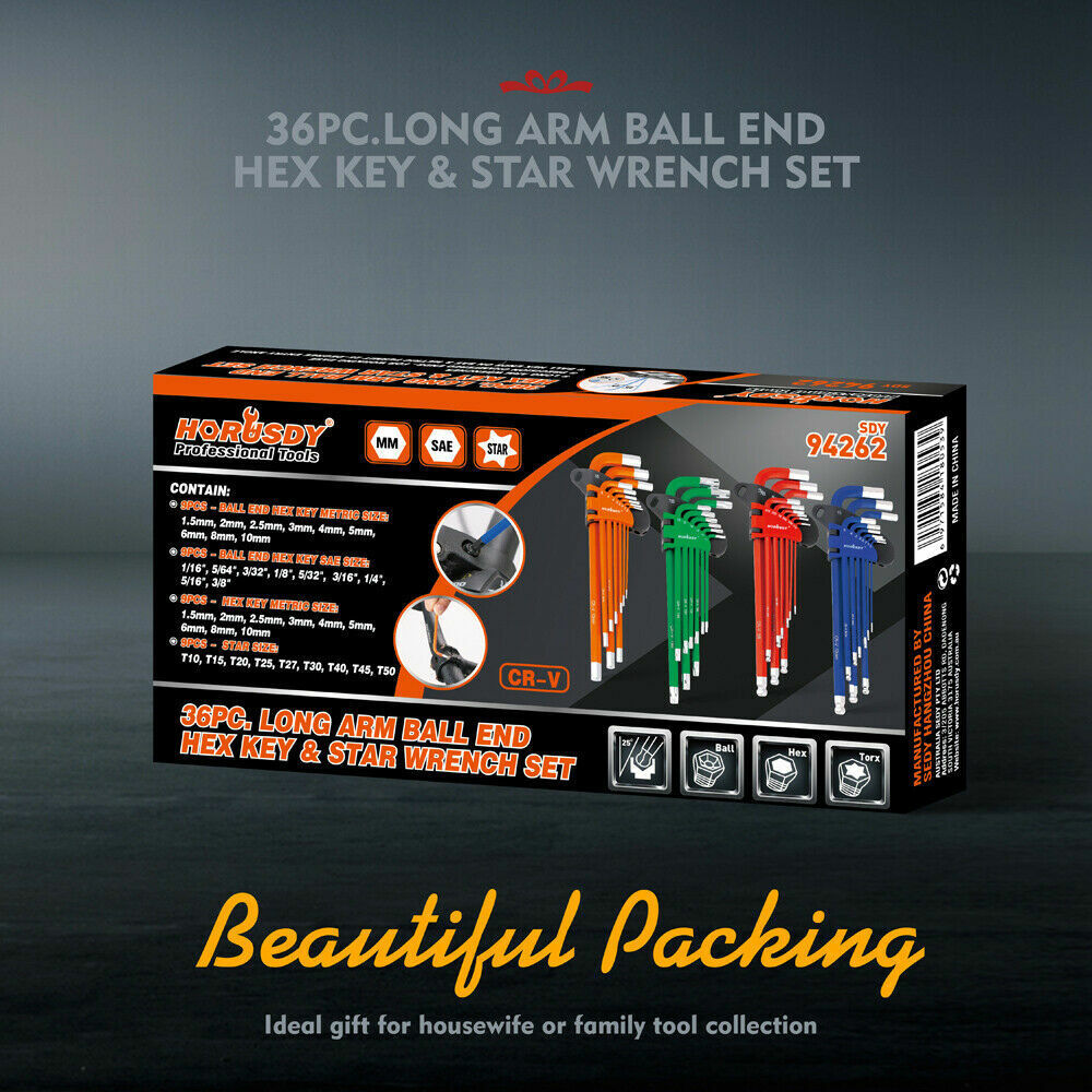 Premium 36Pc Hex & Torx Key Set - Color-coded, slip-resistant grip. Ball end design. Tamper-proof Trox Star Keys.