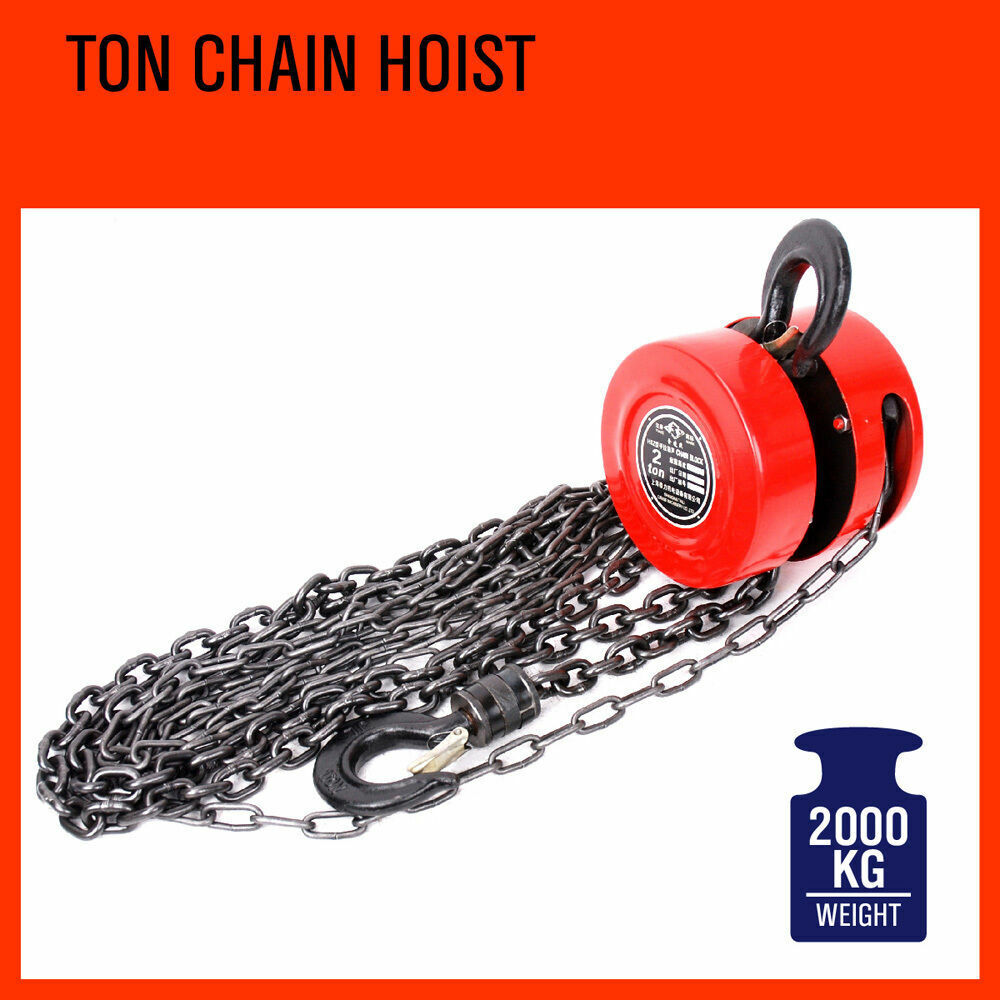 Heavy-duty 2 ton block and tackle with a 2.5M lifting chain, featuring 360-degree swivel hooks and automatic brake for secure hoisting