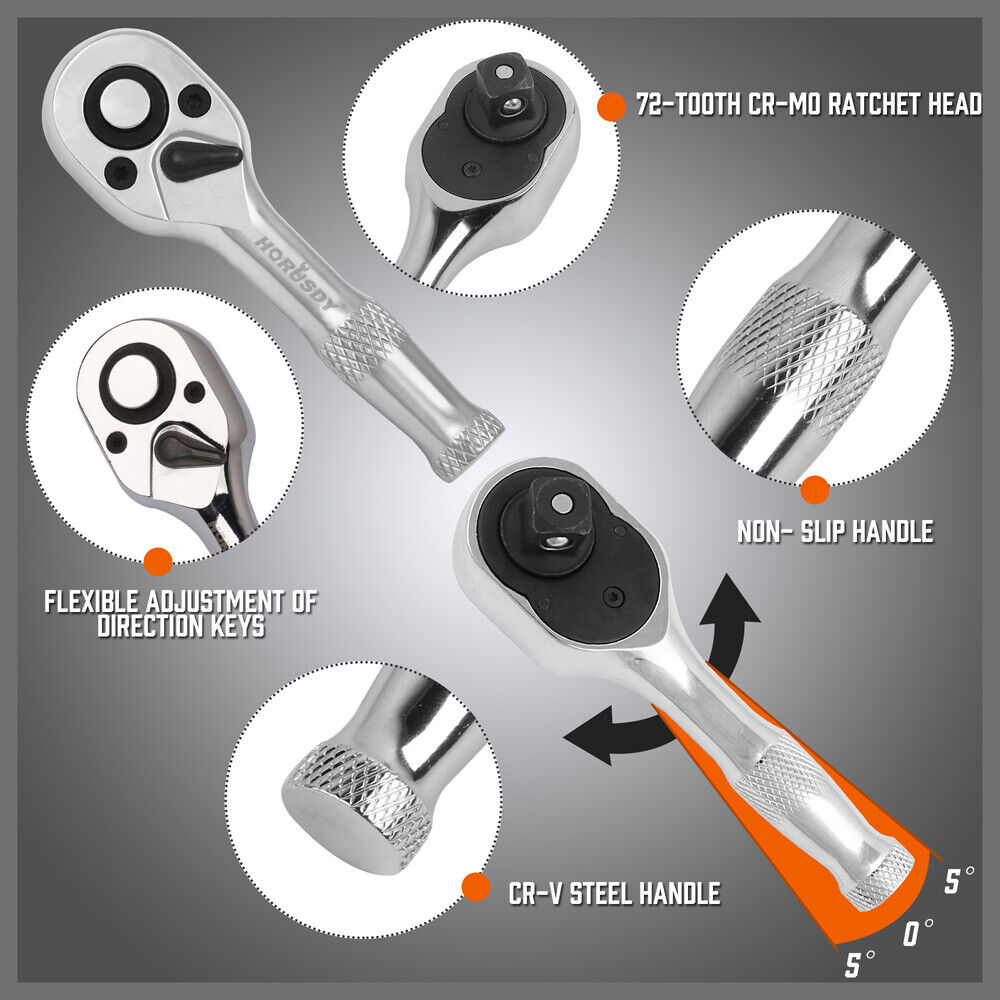 HORUSDY 3-Piece Stubby Socket Ratchet Wrench Set featuring 72-Tooth Mechanism and Durable CRV Construction, Sizes 1/2", 3/8", 1/4" with Storage Pouch