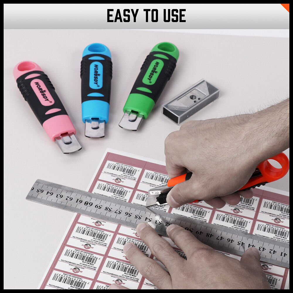 Set of four retractable box cutters with grip handles and 10 additional spare blades, ideal for cutting cardboard, paper, PVC, and crafts