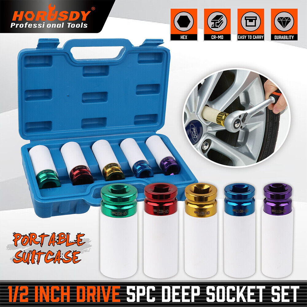 HORUSDY 5-Piece Impact Socket Set - Includes 15, 17, 19, 21, 22mm Sockets with 1/2 Inch Drive and Protective Nylon Sleeves for Alloy Wheels, in Color-Coded Design