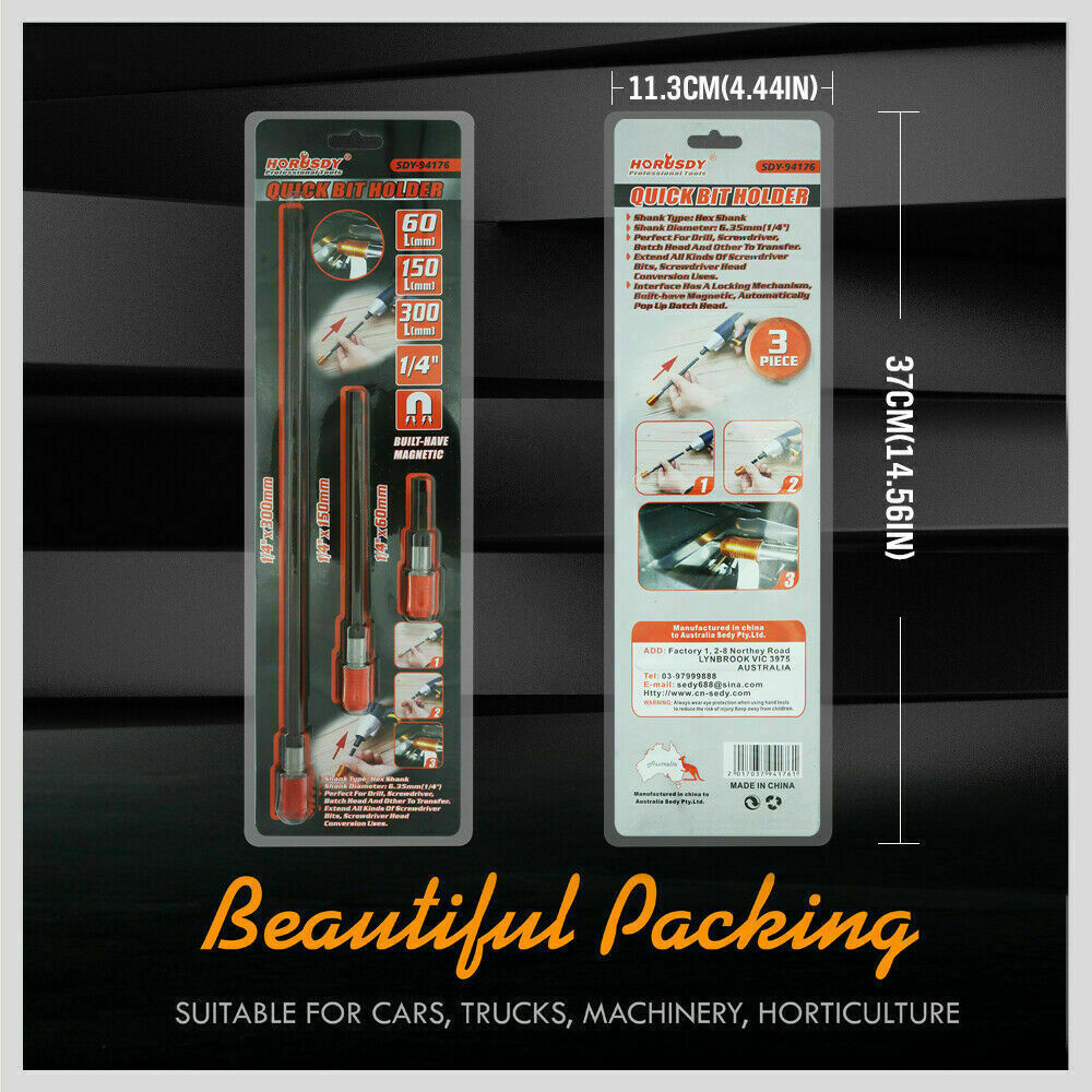 Set of 3 magnetic screwdriver bit extensions with anti-slip holders, featuring 1/4" hex shank compatible with all drills.