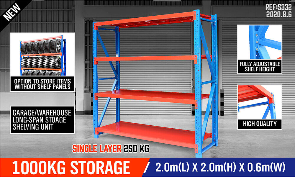 Robust 2m x 2m steel rack shelves with a 1000kg total capacity, featuring a high-grade powder-coated finish, free-standing design, and easy click-in assembly system