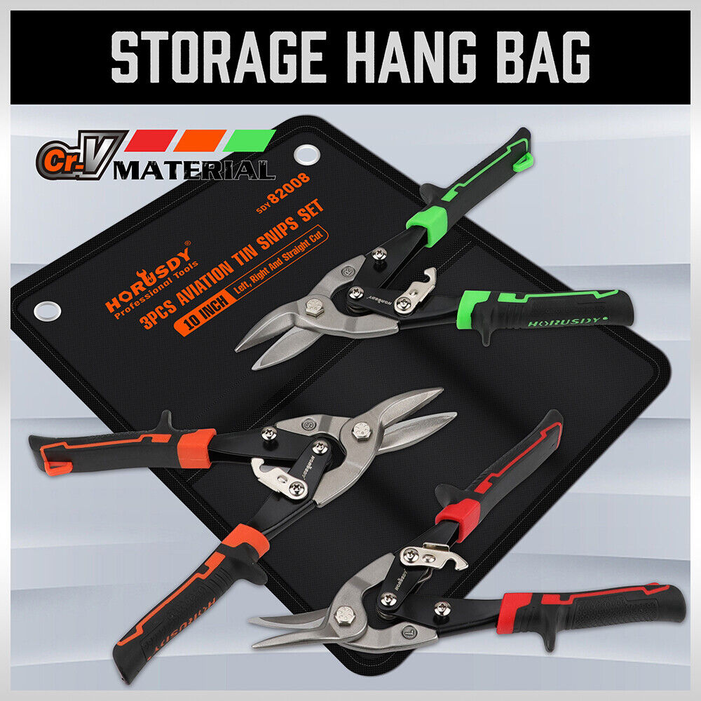 HORUSDY 250mm Aviation Tin Snips Set with Left, Right, and Straight Cutters, featuring High-Leverage, Serrated-Edge Blades for Metal and Steel Sheet Cutting
