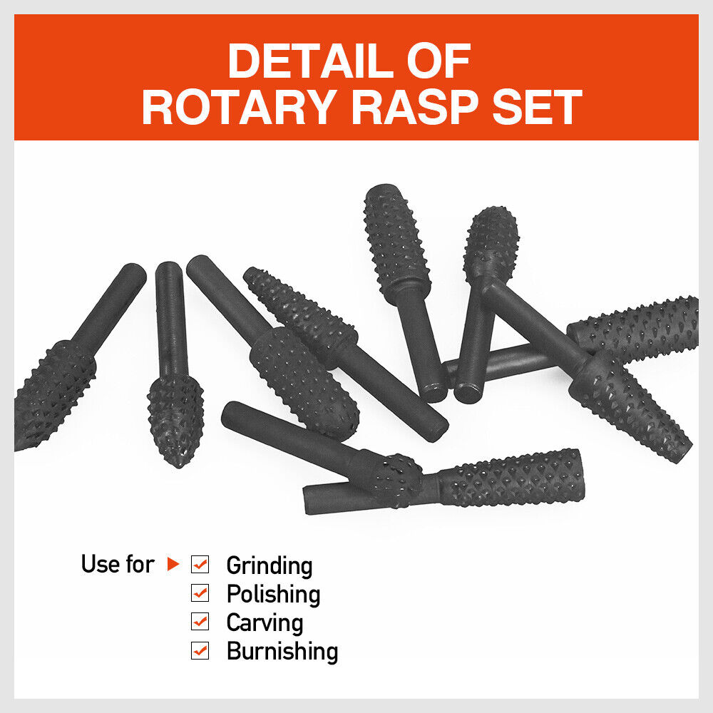 Professional 10-Piece Rotary Drill Bit Set with Wood Rasp Burrs for Precision Grooving and Polishing on Timber
