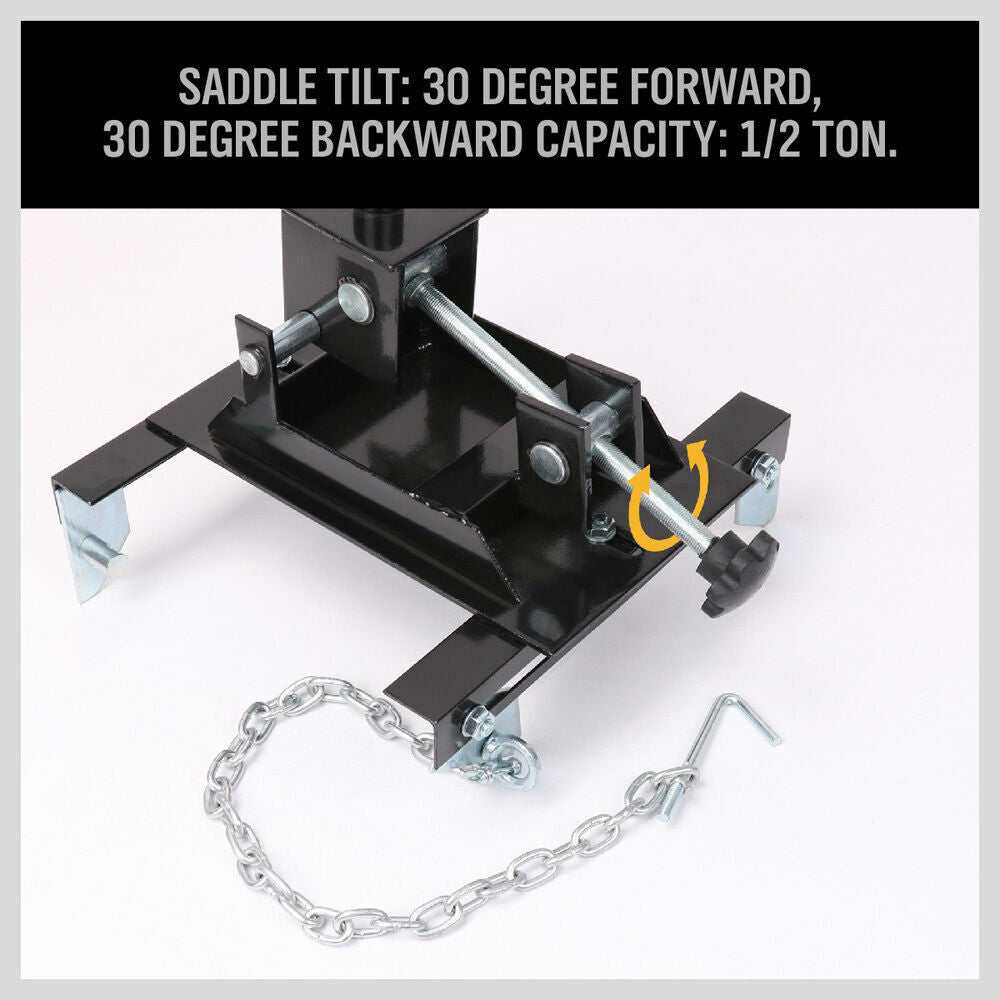 Sturdy 500KG Transmission Jack Adapter in black, featuring an adjustable saddle, corner brackets for universal fit, safety chains, and an automatic release valve. Constructed from heavy-duty steel for maximum durability