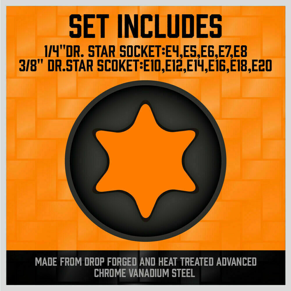 11-Piece Impact E-Torx Socket Set Including E4-E20 Sizes for 1/4" and 3/8" Drives with Storage Rail