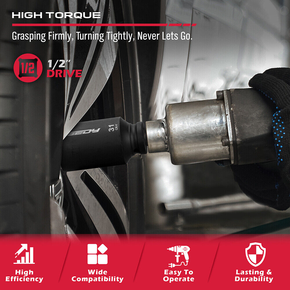 SEDY 11Pcs Metric Deep Impact Socket Set with Adapter for High-Torque Wheel Axle Nut Wrench Tasks