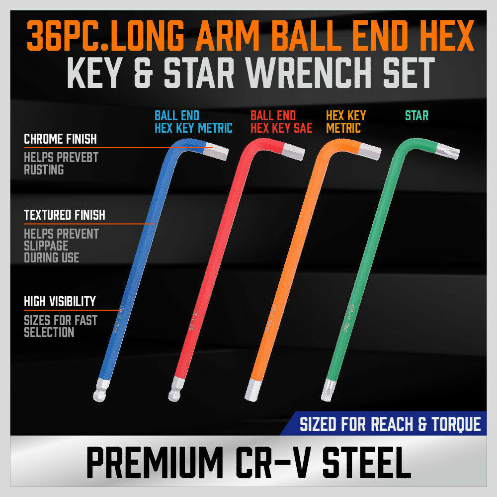 Premium 36Pc Hex & Torx Key Set - Color-coded, slip-resistant grip. Ball end design. Tamper-proof Trox Star Keys.