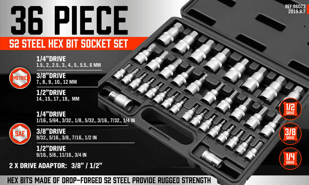36-Piece Hex Bit Socket Set with S2 Steel Bits. Premium materials. Rugged strength. Versatile and organized. Ideal for repairs.