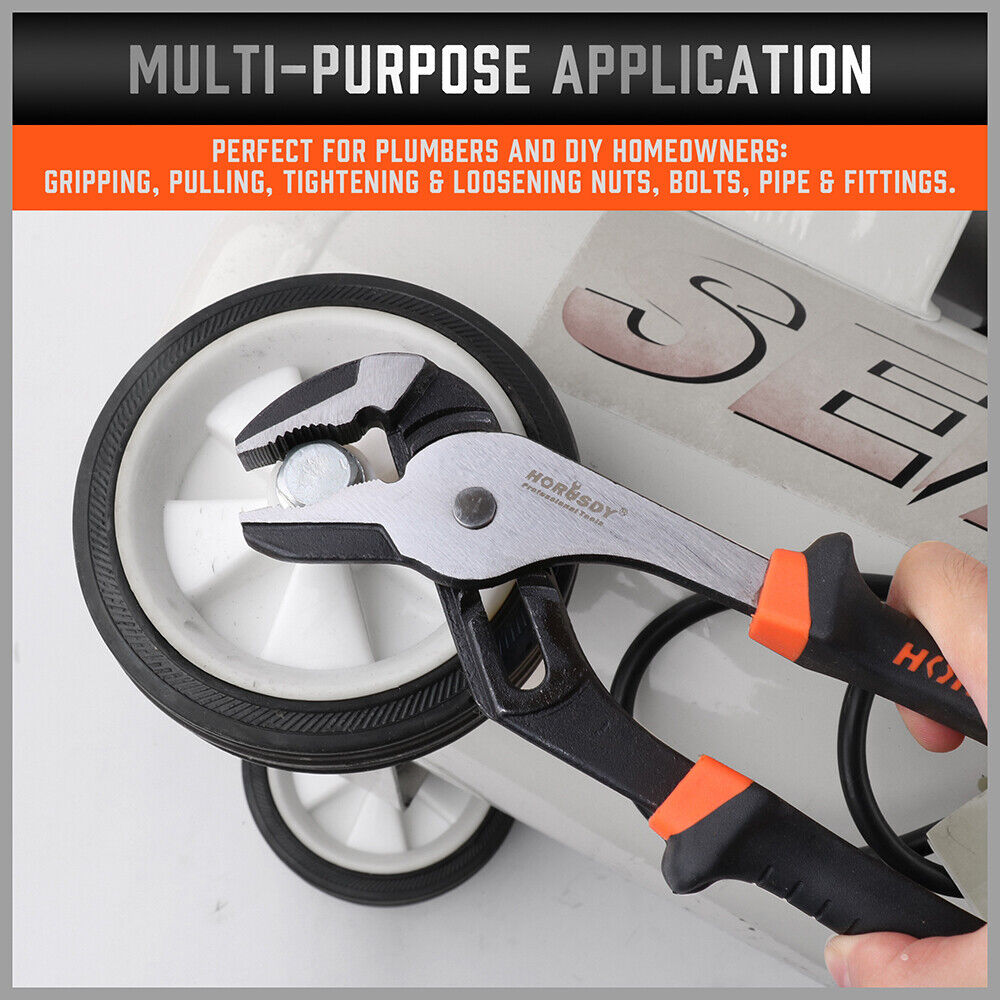 Two-piece set of Groove Joint Pliers featuring 8-inch and 10-inch sizes with non-slip heavy-duty grip.