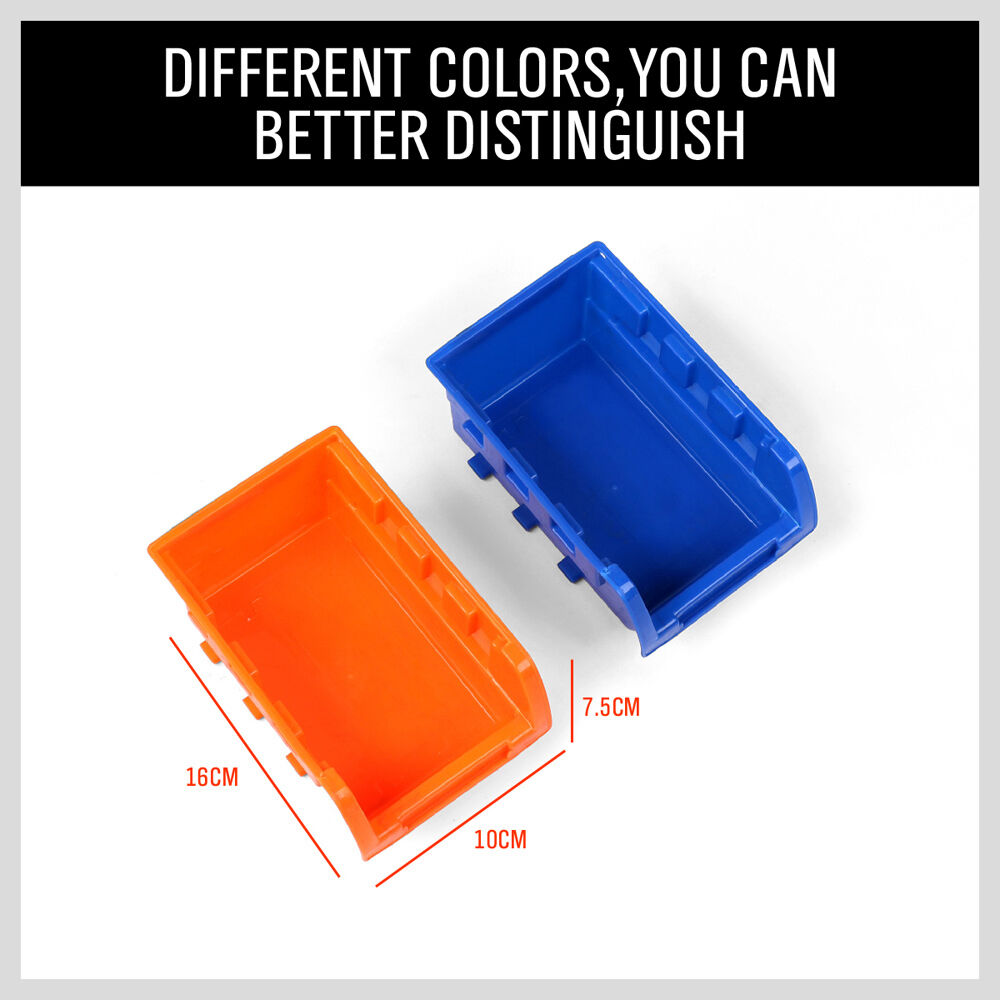 Wall-mounted bin storage rack with 36 detachable bins for organized workshop tools and accessories.