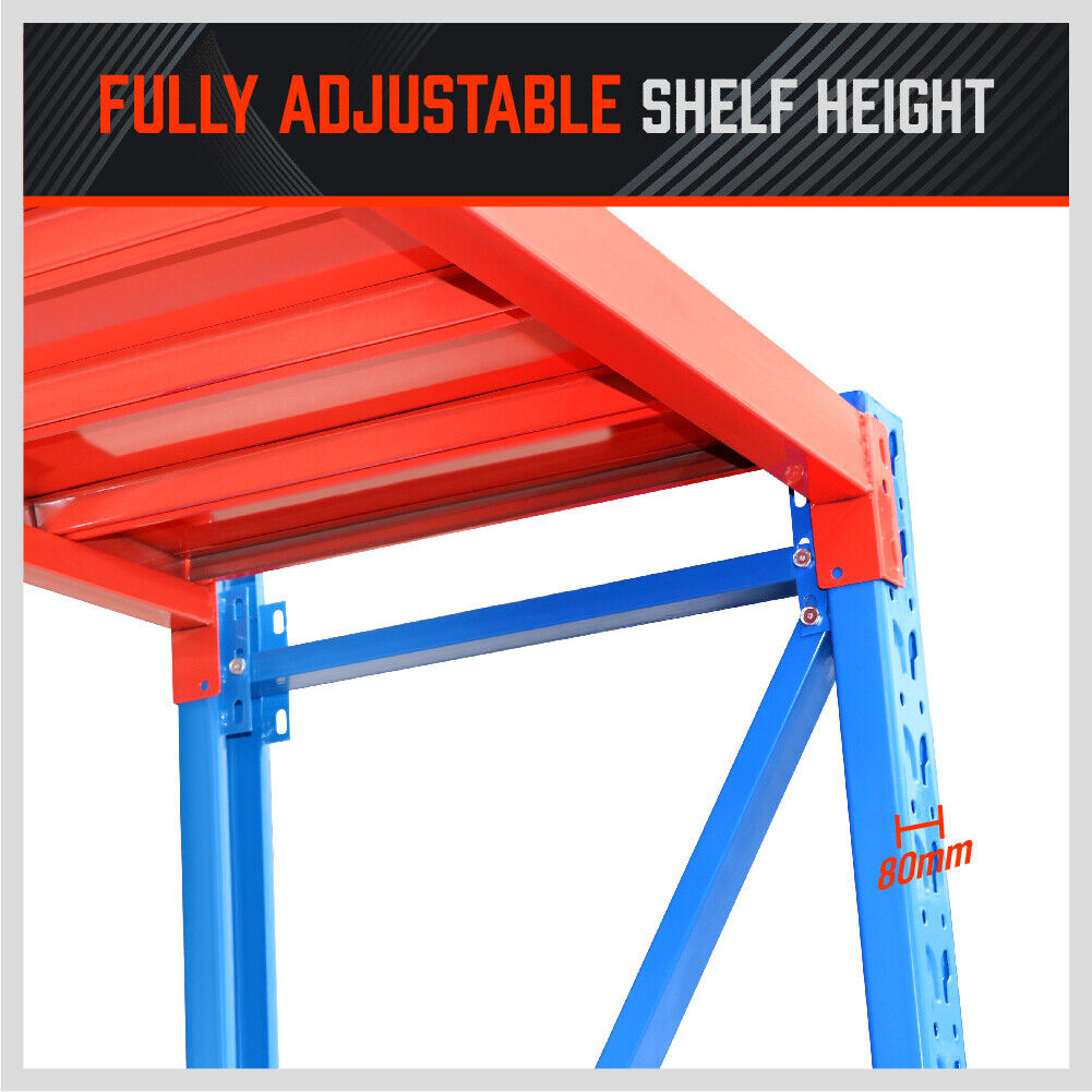 Robust 2m x 2m steel rack shelves with a 1000kg total capacity, featuring a high-grade powder-coated finish, free-standing design, and easy click-in assembly system