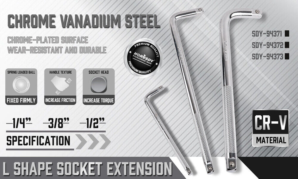 L Shape CR-V Steel Socket Extension Bar in 1/4", 3/8", 1/2" Drive Sizes, Chrome-Plated for Durability and Secure Socket Hold