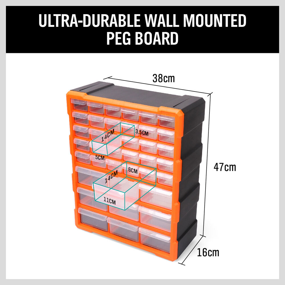 Heavy-duty 39-drawer cabinet set with anti-skid pads, mounting options and durable build for functionally organizing high volumes of tools, parts and industrial/commercial supplies in work environments.