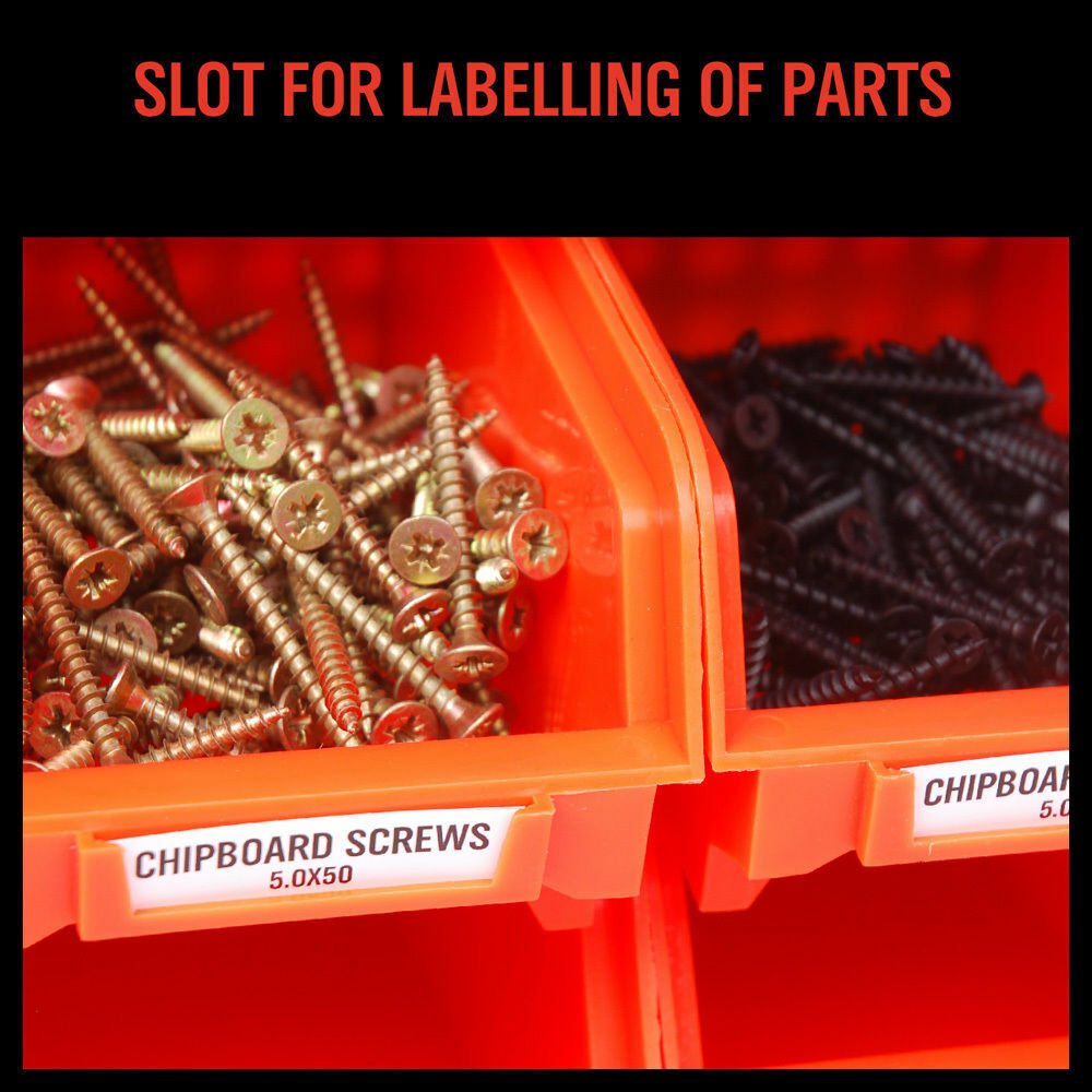 Wall-mounted storage bins rack with 30 durable bins in various colors for organized workshop and garage storage.