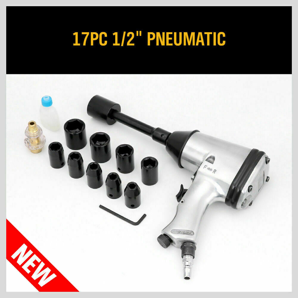 Complete 17-piece pneumatic air impact wrench kit with metric sockets and accessories for automotive and workshop use
