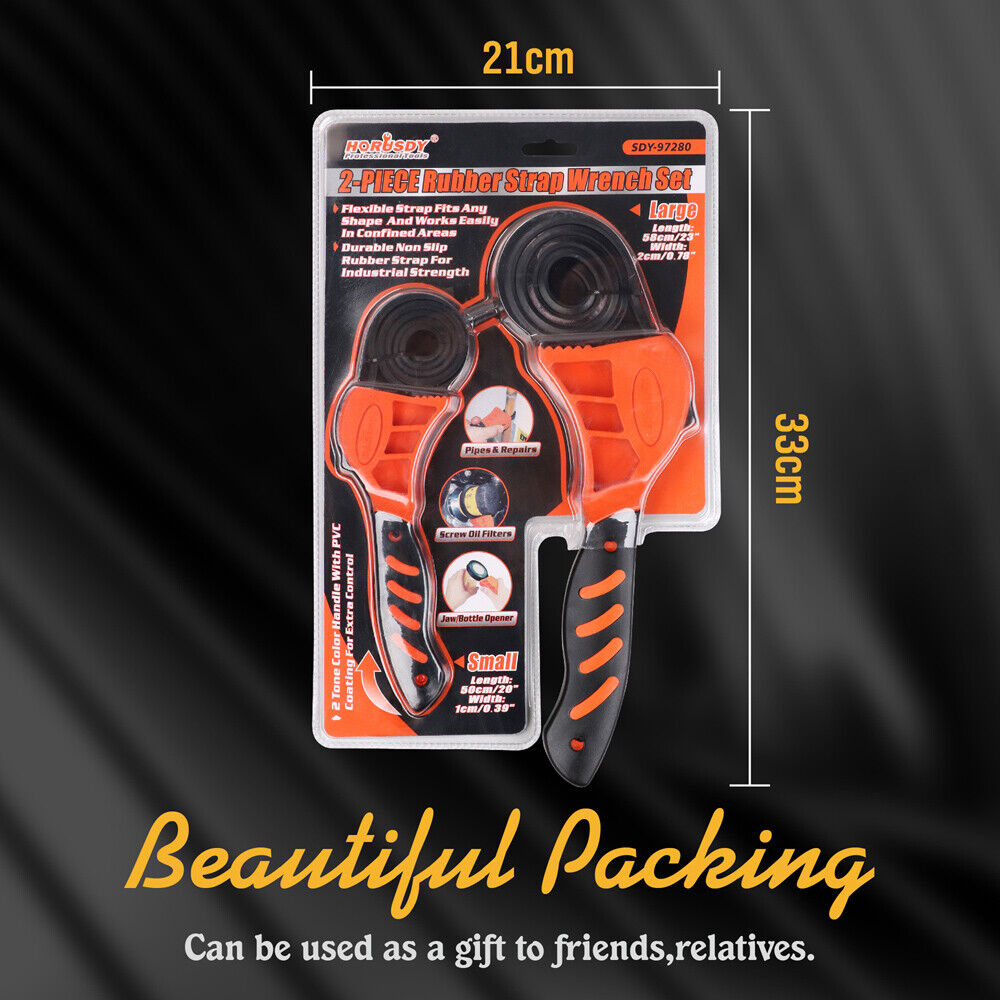 Two-piece adjustable strap wrench set with reinforced rubber belts and ergonomic handles.