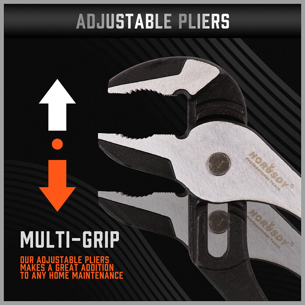 Two-piece set of Groove Joint Pliers featuring 8-inch and 10-inch sizes with non-slip heavy-duty grip.